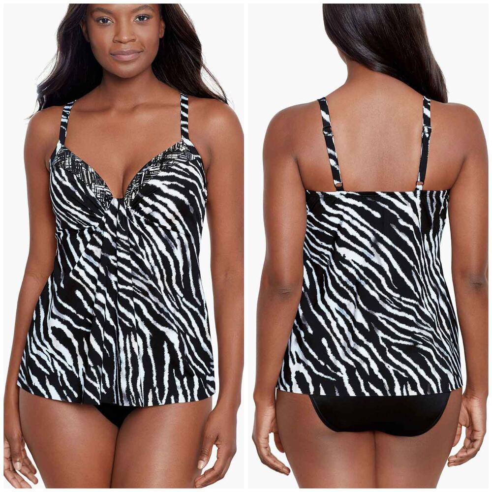 Miraclesuit NWT Tigre Sombre Marina Underwire Tankini Top Size 16 Draped Black